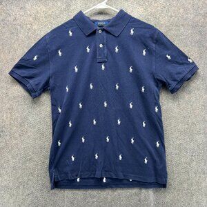 Ralph Lauren Polo Shirt Mens Large Blue Navy All Over Pony Preppy Rugby Mesh